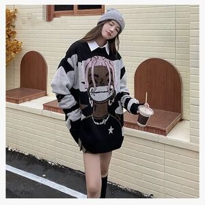 HANGJIA Men Oversized Knitted Sweater Black Japanese Anime Cartoon- Size Large